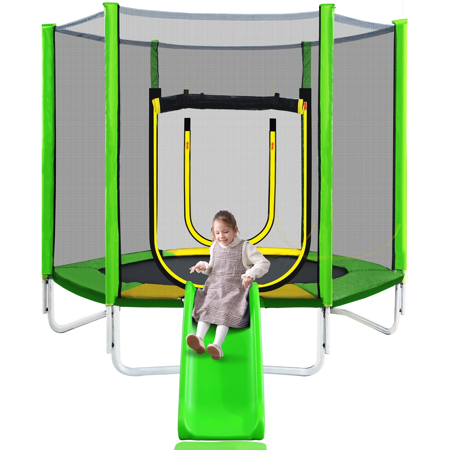 Kadyn 7FT Jumping Toddler Trampoline with Slide and Ladder, Kids Outdoor Trampoline with Safety Enclosure Net, Green