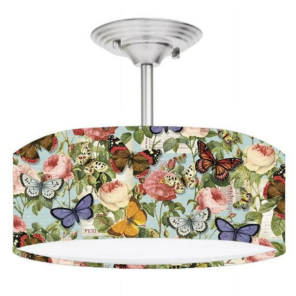 888 Cool Fans DR-0001091 Butterfly Garden 2-Light Brushed Nickel Drum Style LED Lamp Fixture