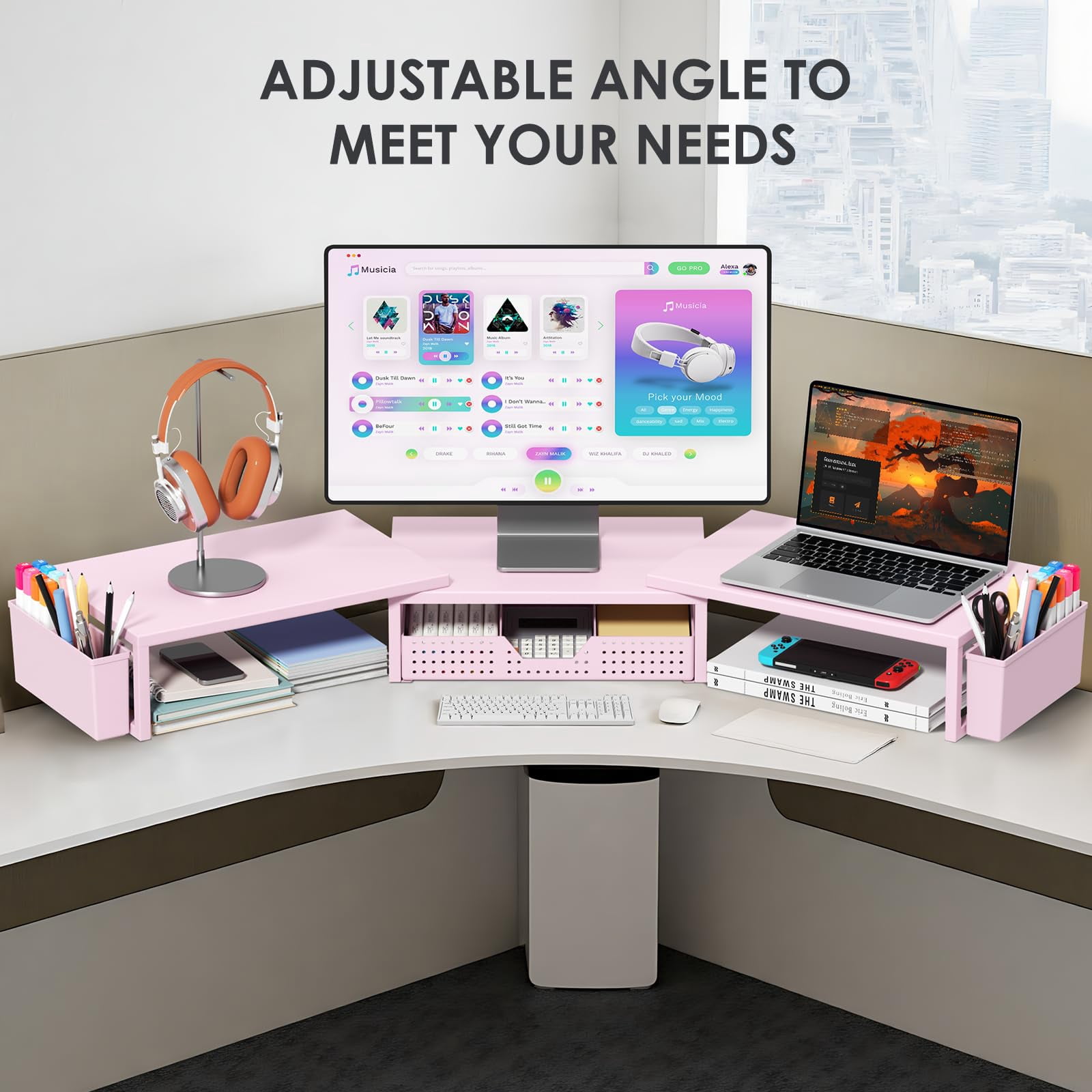 Desk Organizers And Accessories  Dual Monitor Stand Riser With Drawer 2 Pen Holders Shelf Metal Computer Racks For Office Workspace Desktop Organization (pink Metal)