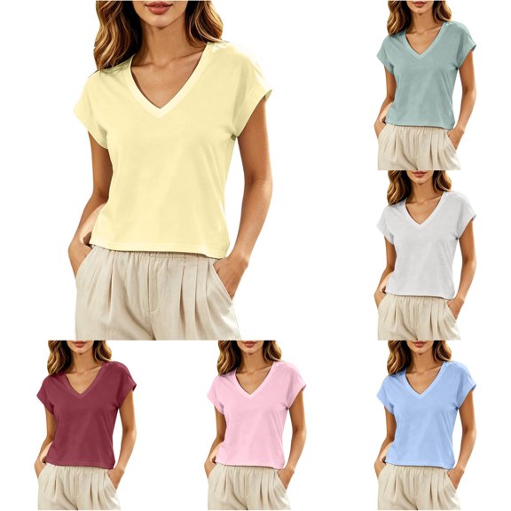 Rggeeun Women's Tee Shirts Solid Color V Neck Short Sleeve Loose Fit Soft Breathable for Summer Party Comfort Tees,Yellow,Xl
