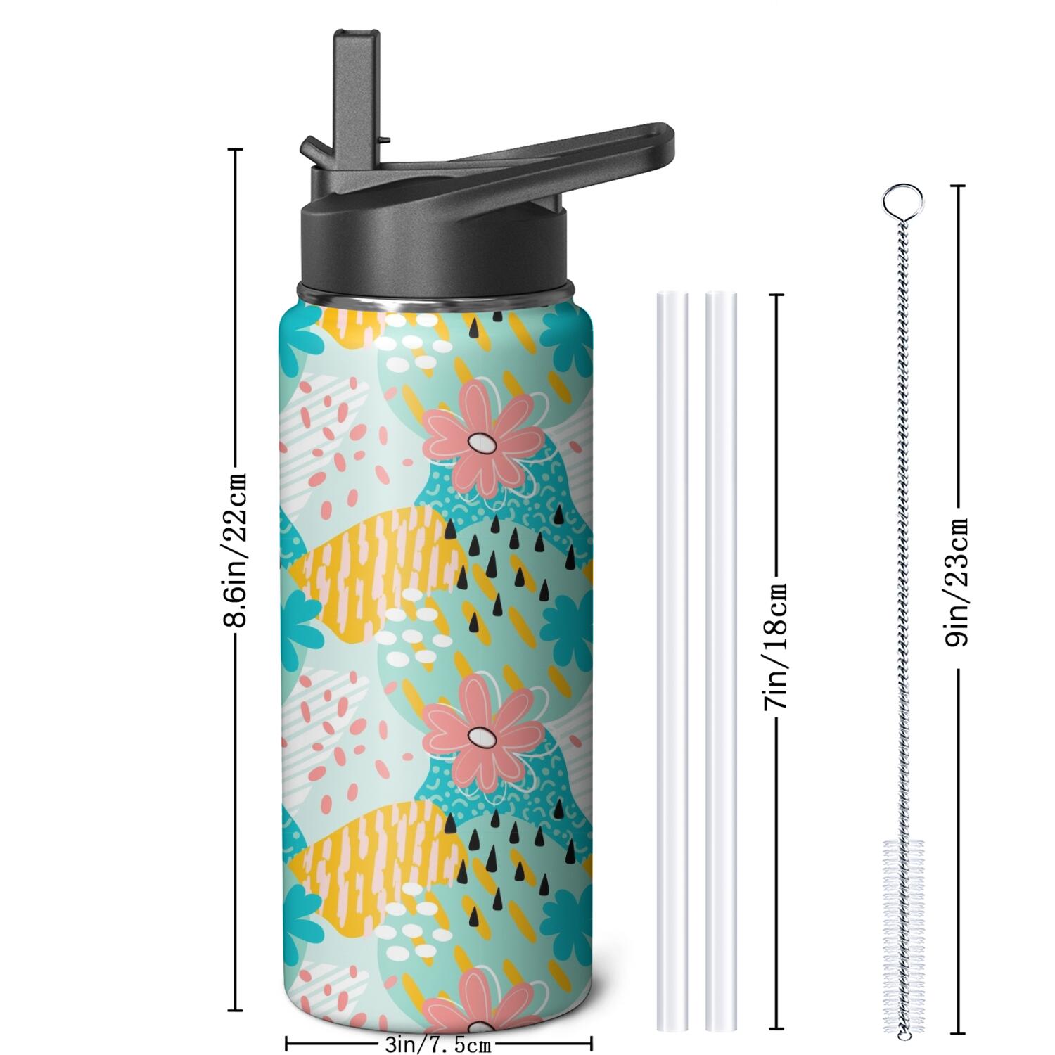 Modern 18 oz Insulated Stainless Steel Water Bottle with Straw & Cleaning Brush , Leakproof, BPA-Free, 304 Stainless Steel, Wide Mouth, Travel Mug for Car, Gym, Office