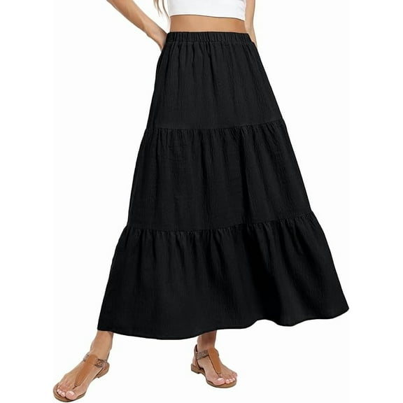 JWD Summer Maxi Skirt for Women Boho Lightweight Flowy Tiered Long Beach Skirts with Pockets Black L
