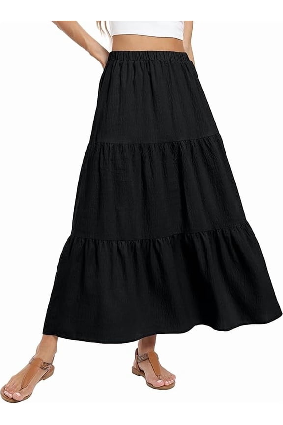 Summer Maxi Skirt for Women Boho Lightweight Flowy Tiered Long Beach Skirts with Pockets Black L