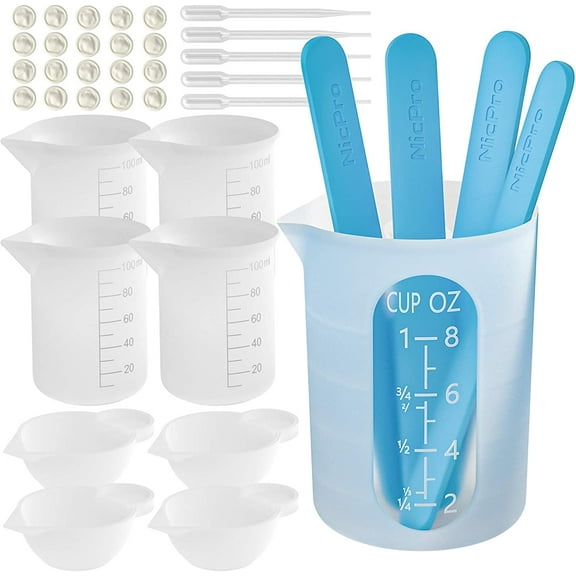 Nicpro 100 & 250ml Silicone Resin Measuring Cups Tool Kit, Measure Cups, Silicone Popsicle Stir Sticks, Pipettes, Finger Cots for Epoxy Resin Mixing, Molds, Jewelry Making, Waxing, Easy Clean