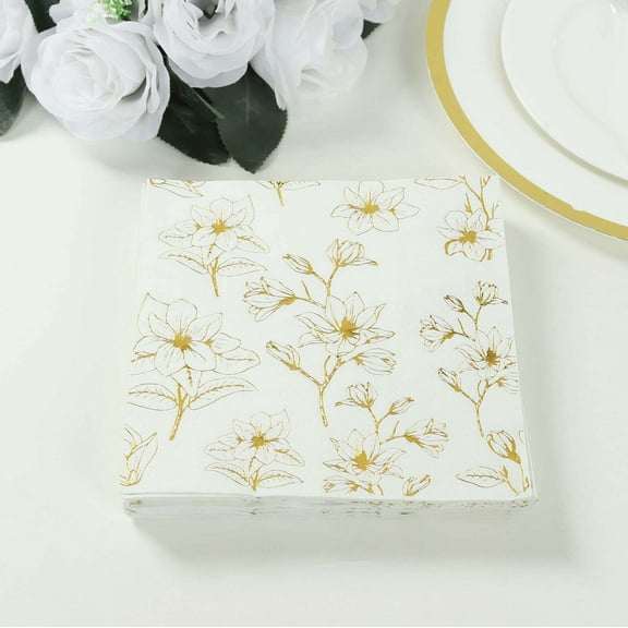 BalsaCircle 50 White and Gold Plain Soft 2 Ply Square Table Paper Napkins with Magnolia Flowers Print Party Events Decorations