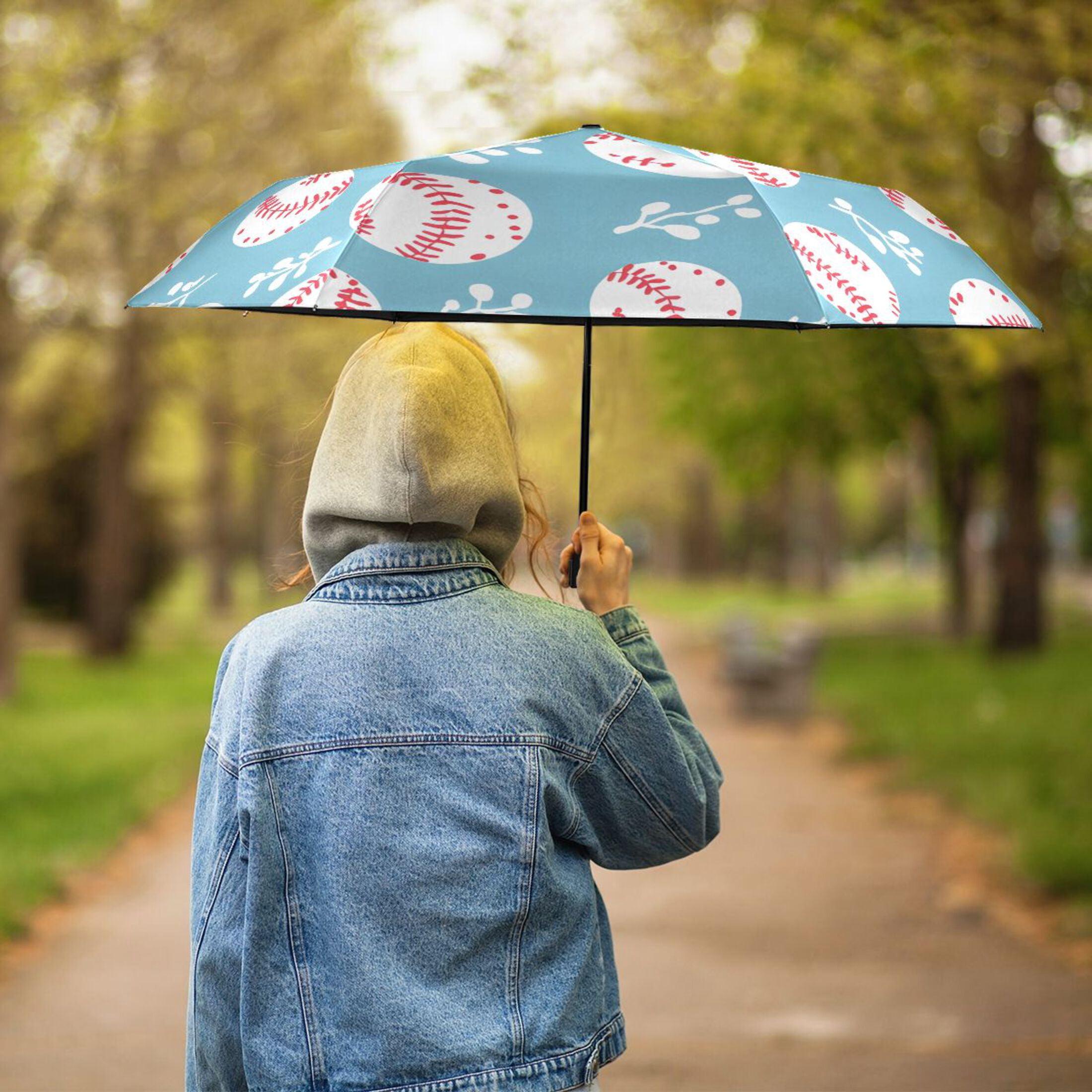 ALAZA Baseball Cute Leaf UPF 50+ Compact Folding Umbrella for Rain Travel Umbrella Packable