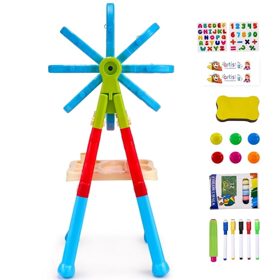 KFFKFF Children's 2-in-1 Art Easel, featuring a Dual-Sided Magnetic Whiteboard and Chalkboard. This versatile, adjustable, and rotatable easel comes with drawing accessories