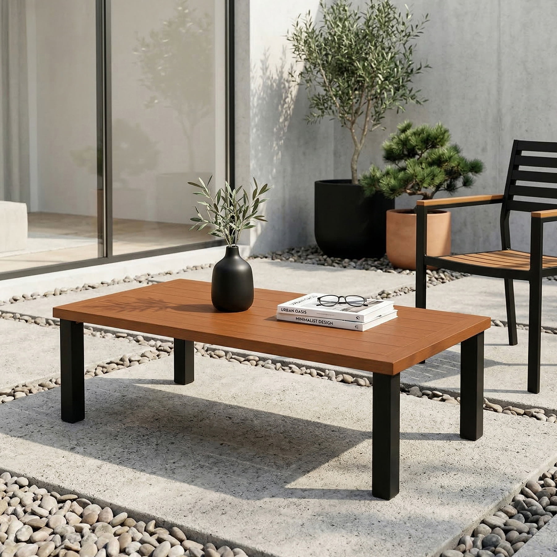 Fnova Outdoor Rectangular Coffee Table, Large Patio Table with Sturdy Metal Frame, Modern Outdoor Furniture for Patio Backyard Garden Poolside