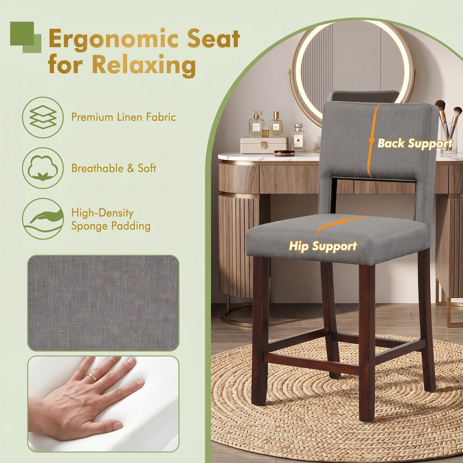 Furnibear Set of 2 Bar Stools with Hollowed Backrest, Rubber Wood Legs, Padded Seat, 24.5 Inch Counter Height Bar Chairs for Kitchen Pub Dining Room, 400 lb, Gray