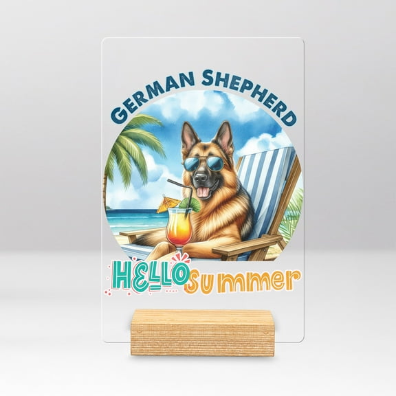 German Shepherd Hello Summer Beach Theme with Sunglasses and Tropical Cocktail Acrylic Plaque Sign Ashwood Base Alsatian Dog Lover Gifts Home Desk Decor - 00009