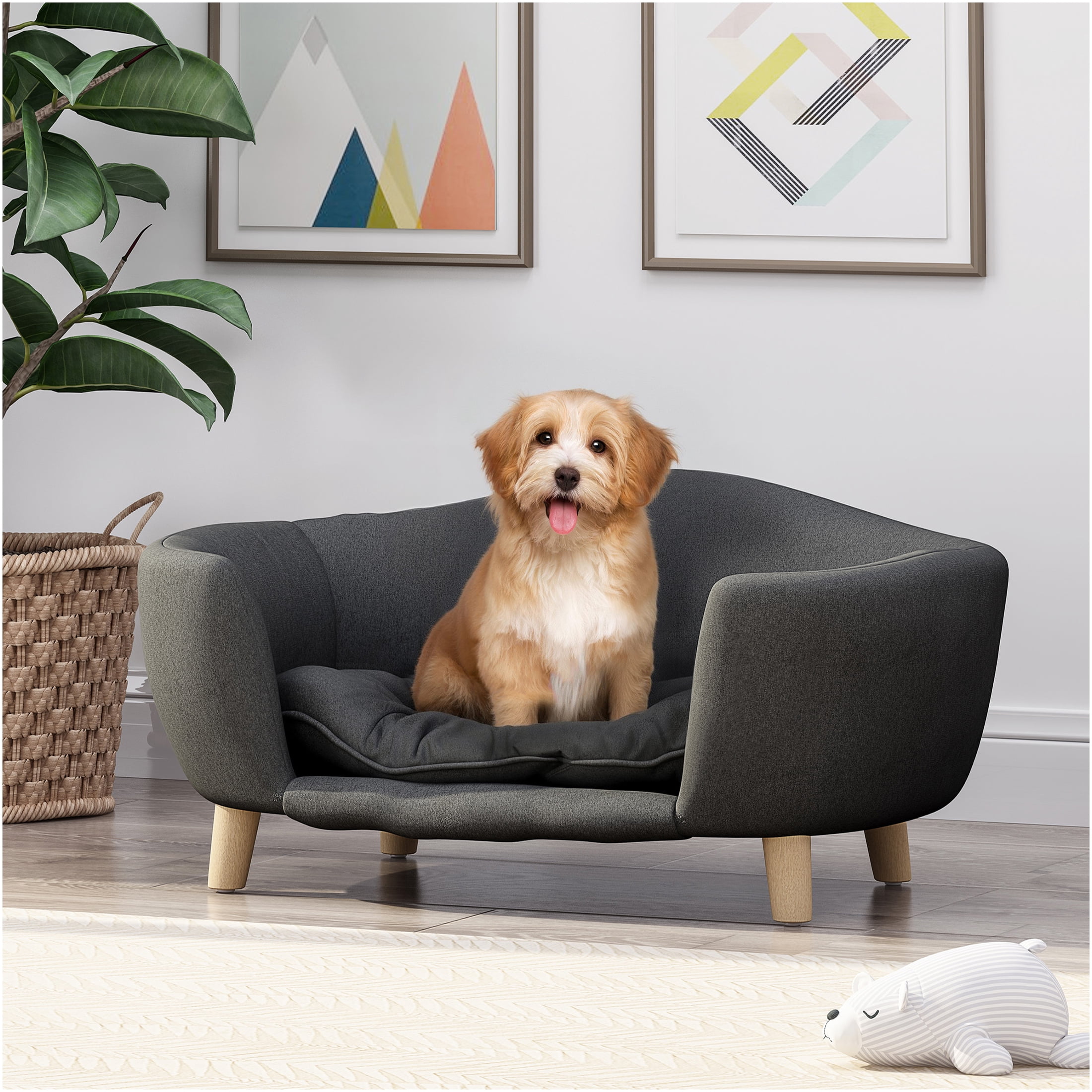JERFIT Mid-Century Modern Dog Bed with Wood Legs, Plush Small Pet Bed for Small Dogs up to 25 lbs, Waterproof & Orthopedic Support, Washable Cover, Dark Gray