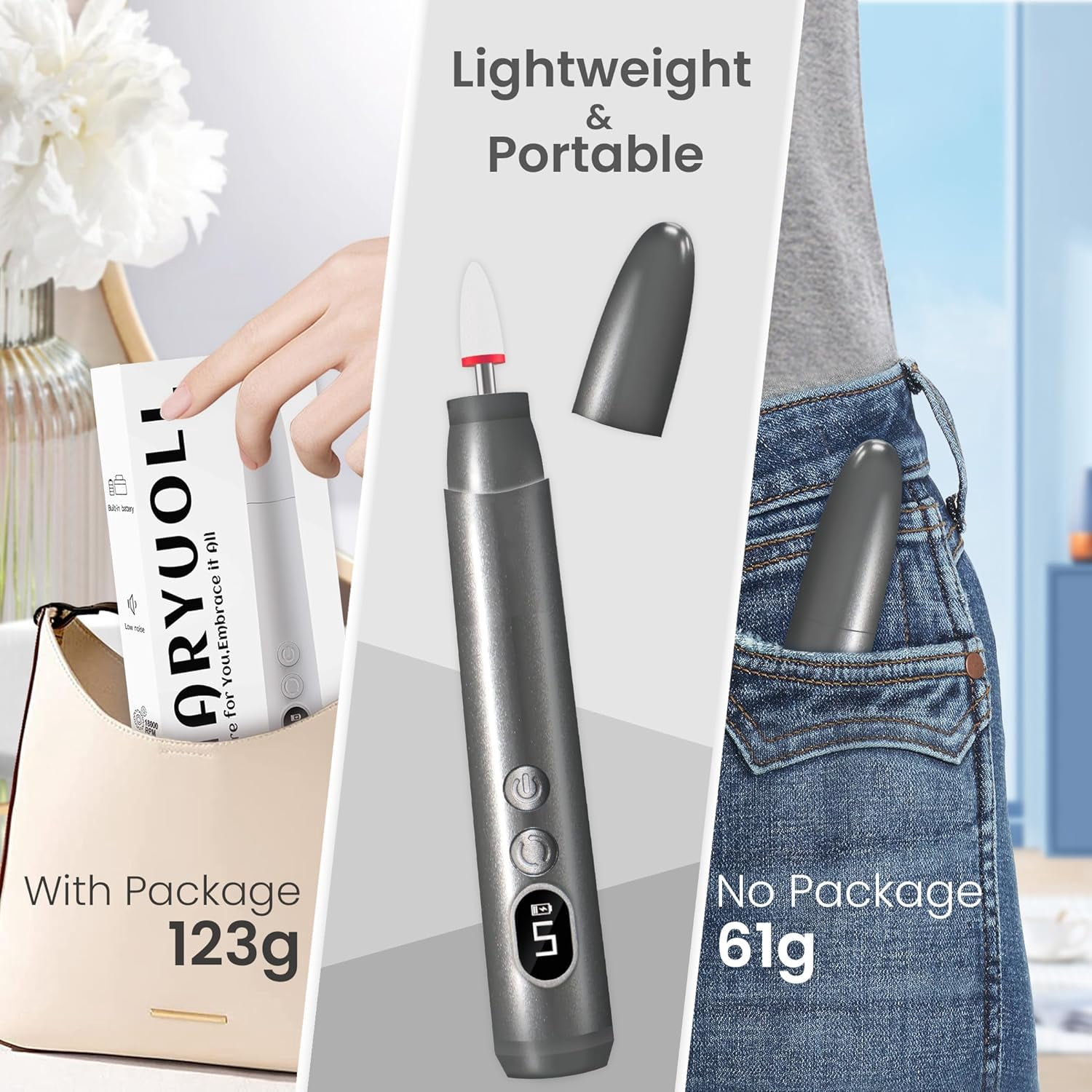 Aorsher Cordless Electric Nail Drill Kit, Portable Rechargeable Nail Drill Set, Professional Electric Nail File, 5 Speeds Modes, LED Lighting, Reversible Direction