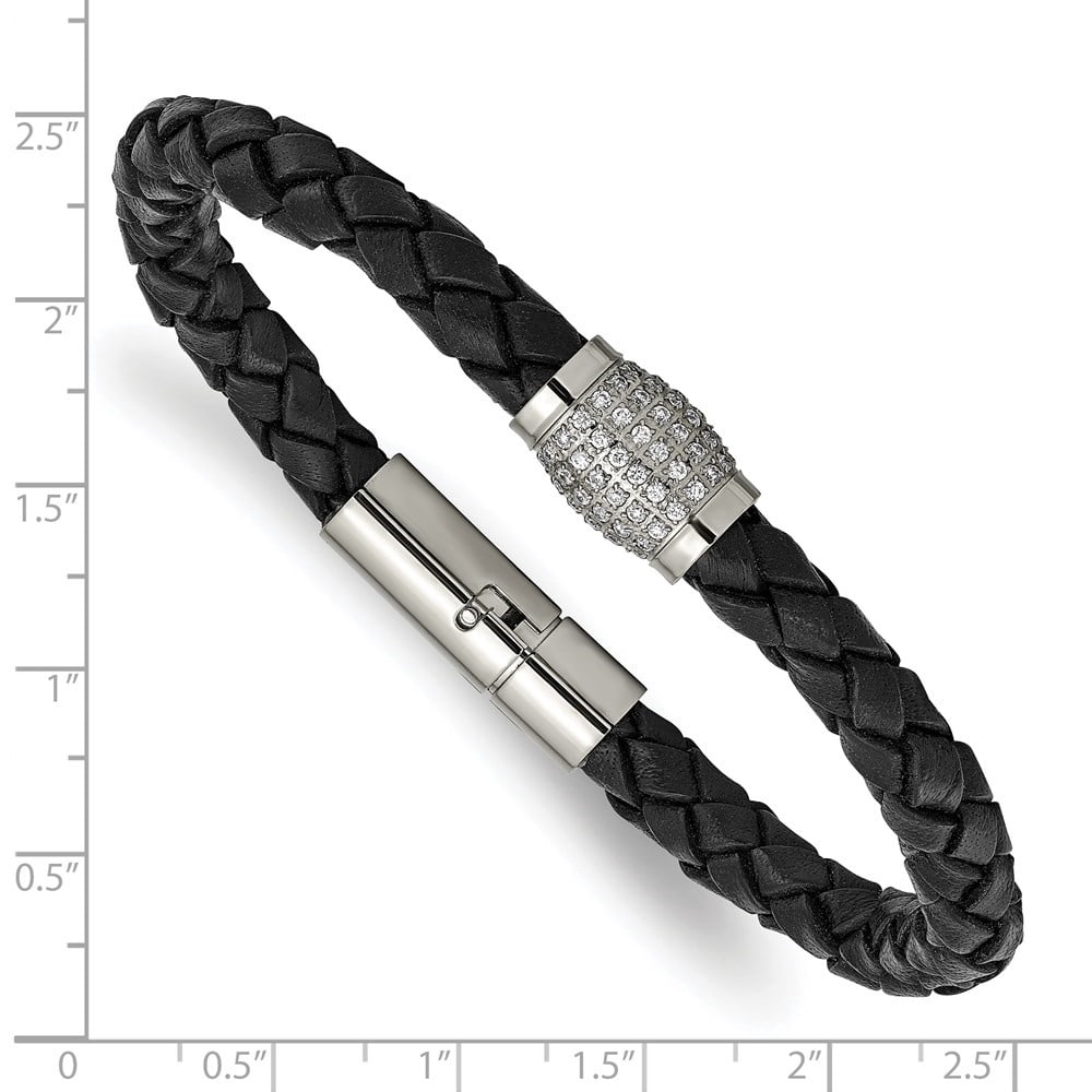 Auriga Fine Jewelry Titanium 7.5" Polished with CZ Black Leather Bracelet for Men