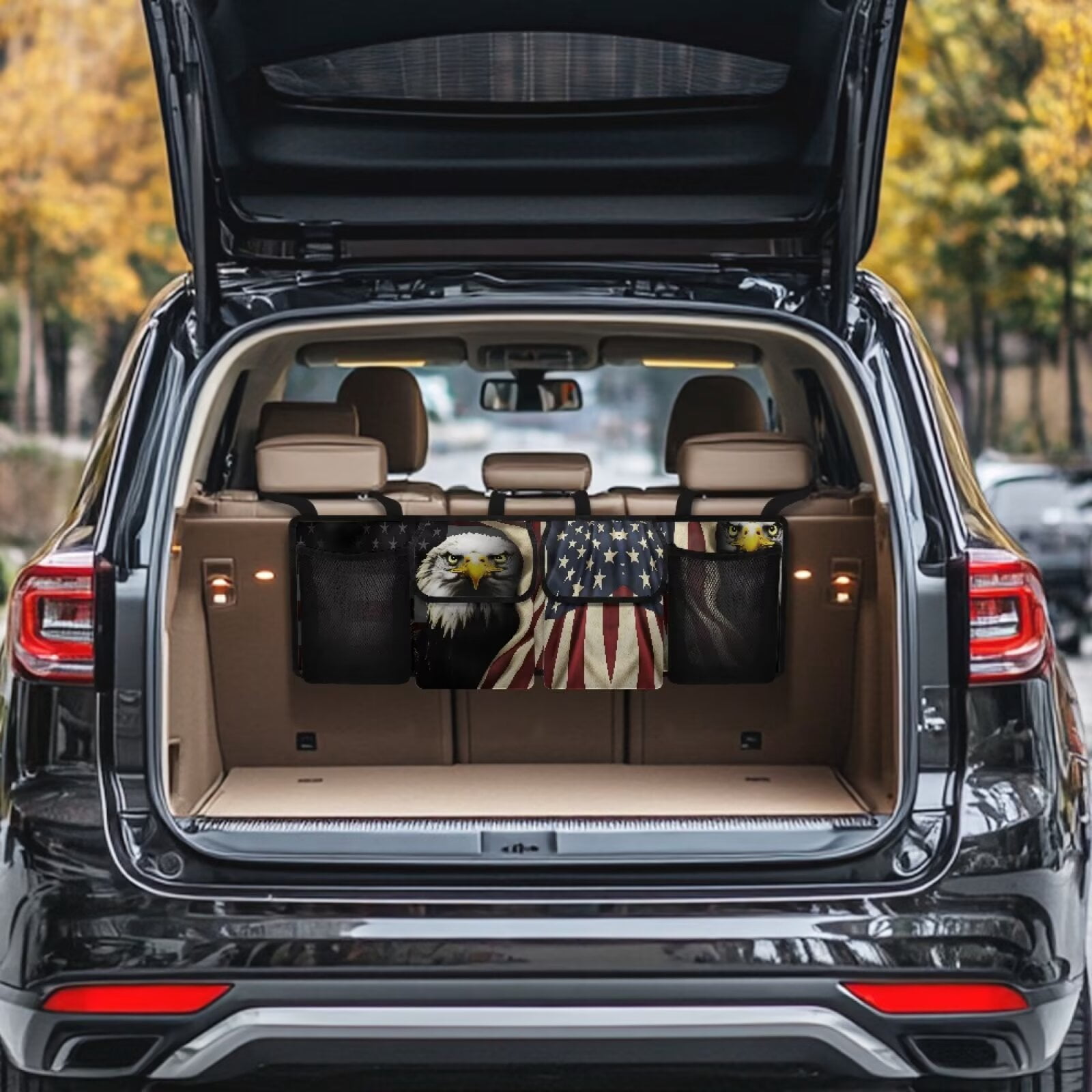 KUIFORTI Bald Eagle Car Trunk Organizer for SUV Trunk Organizers and Storage Keep the Car Clean and Tidy, USA Flag Car Accessories Space-Saving Backseat Car Organizer with Adjustable Straps