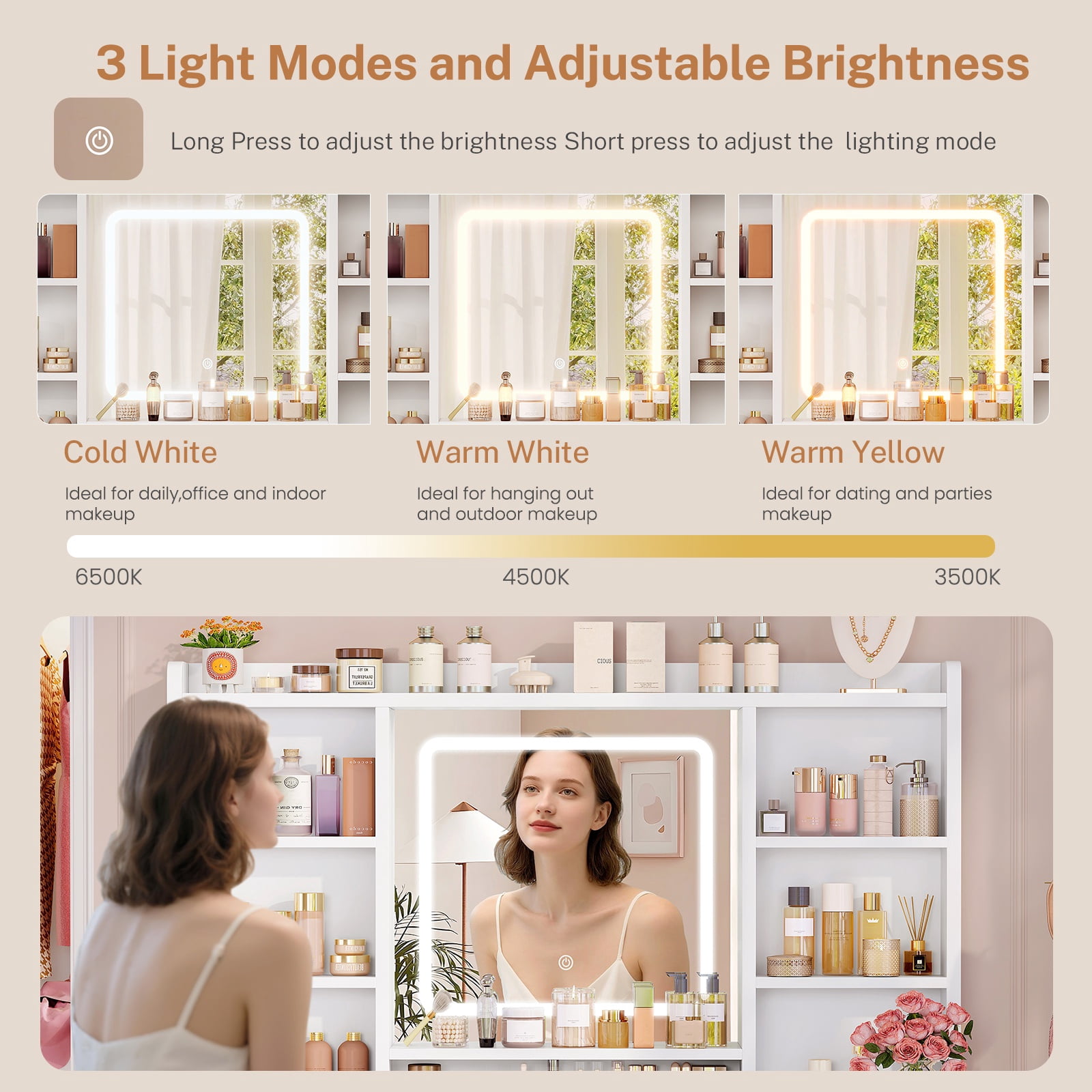Makeup Vanity Set with Mirror and Lights , Vanity Table with 9 Drawers and 7 Storage Shelves, Vanity Desk for Bedroom, Dressing Room, White