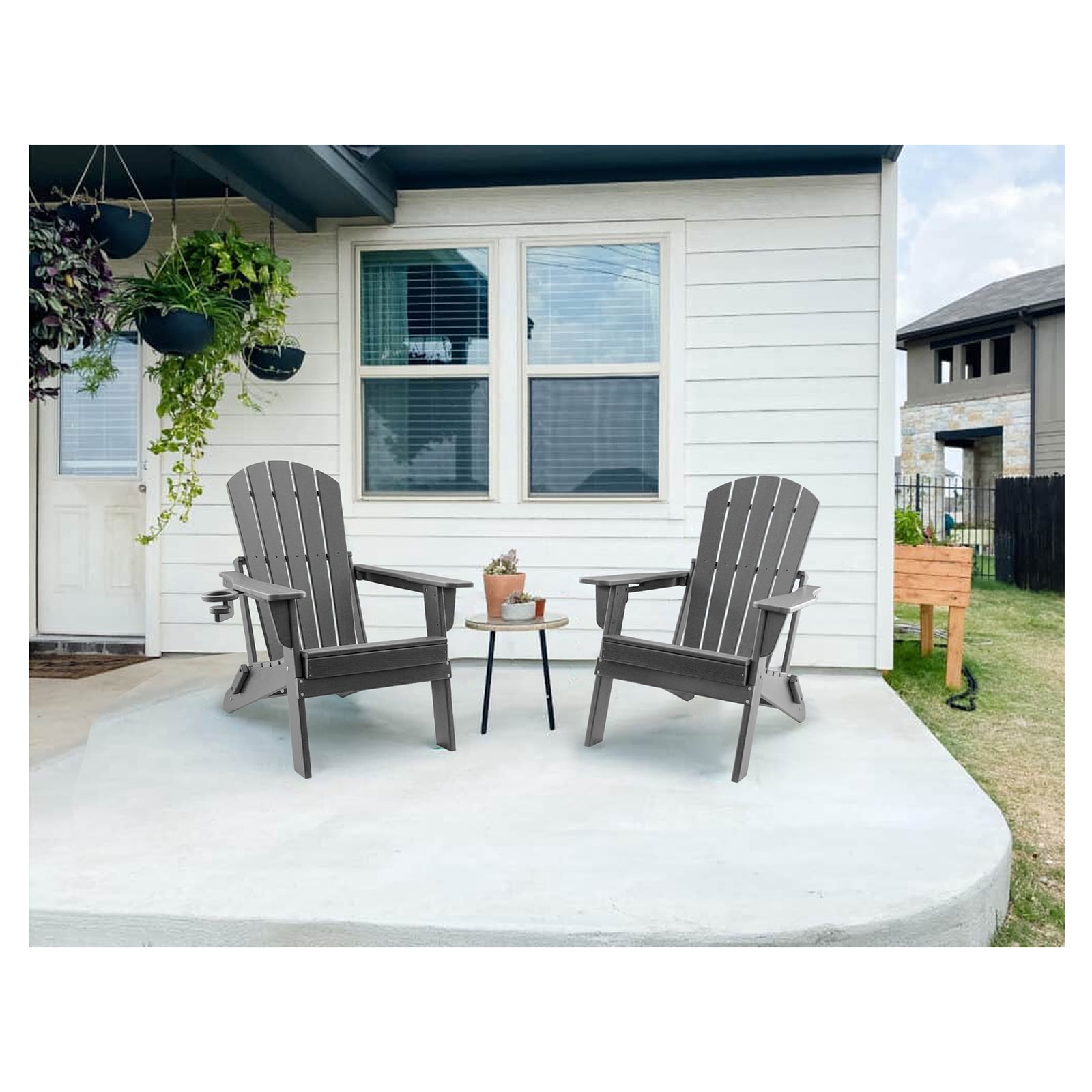 HDPE Folding Adirondack Chair with Cup Holder,Weather-Resistant, Low Maintenance,Supports up to 400lbs,Grey
