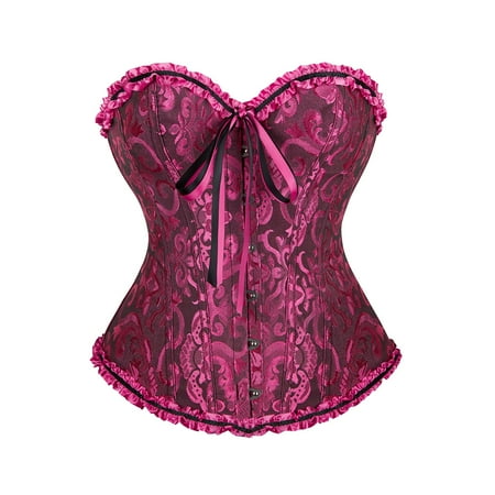 CHCNHAC Corset Lingerie for Women Satin Boned Lace Renaissance Corset Cute Floral Pleated Trim Waist Cincher Plus Size Victorian Corsets Hot Pink XS
