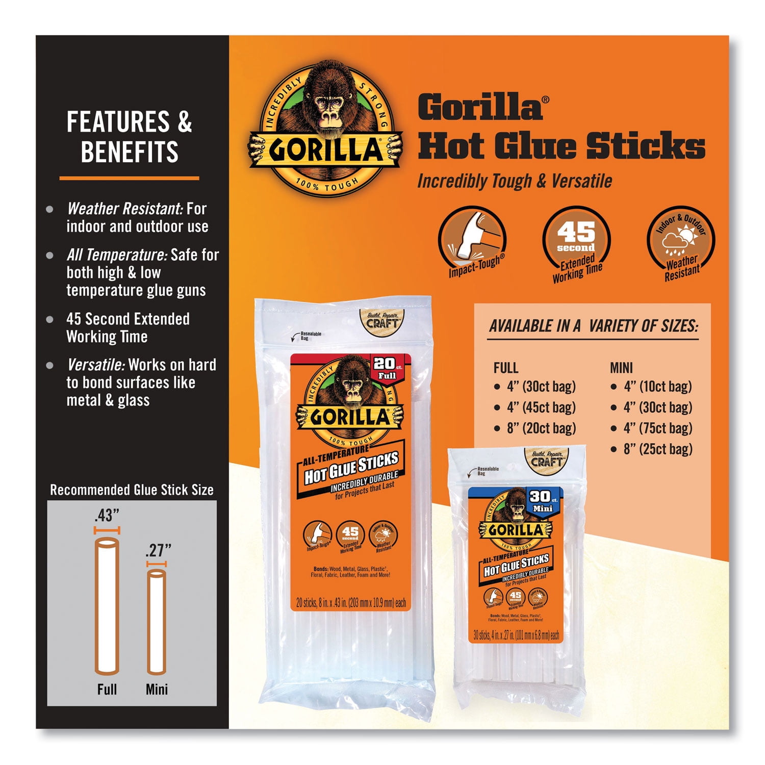 Hot Glue Sticks, 0.43" Dia X 4", Dries Clear, 45/pack | Bundle of 10 Packs