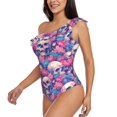 thumbnail image 3 of Picia white Skull blue flower Pattern Women's One Piece Swimsuits,One Shoulder Swimwear Asymmetric ,Ruffle Monokinis Bathing Suits,High Waisted Flattering Bathing Suits-XX-Large, 3 of 8