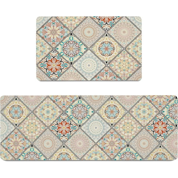 Boho Floral Kitchen Mats Set of 2 Cushioned Anti Fatigue Kitchen Floor Rugs and Mats Modern Bohemian Non Slip Waterproof Comfort Standing Mat for Kitchen, Office, Home, Laundry