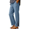 thumbnail image 3 of VBVC Women's Button Slit Hem Capri Pants,Straight Leg Cropped Trousers For Women,Ladies Summer Cotton-Linen Sweatpants with Pockets,Navy,S-2XL, 3 of 9