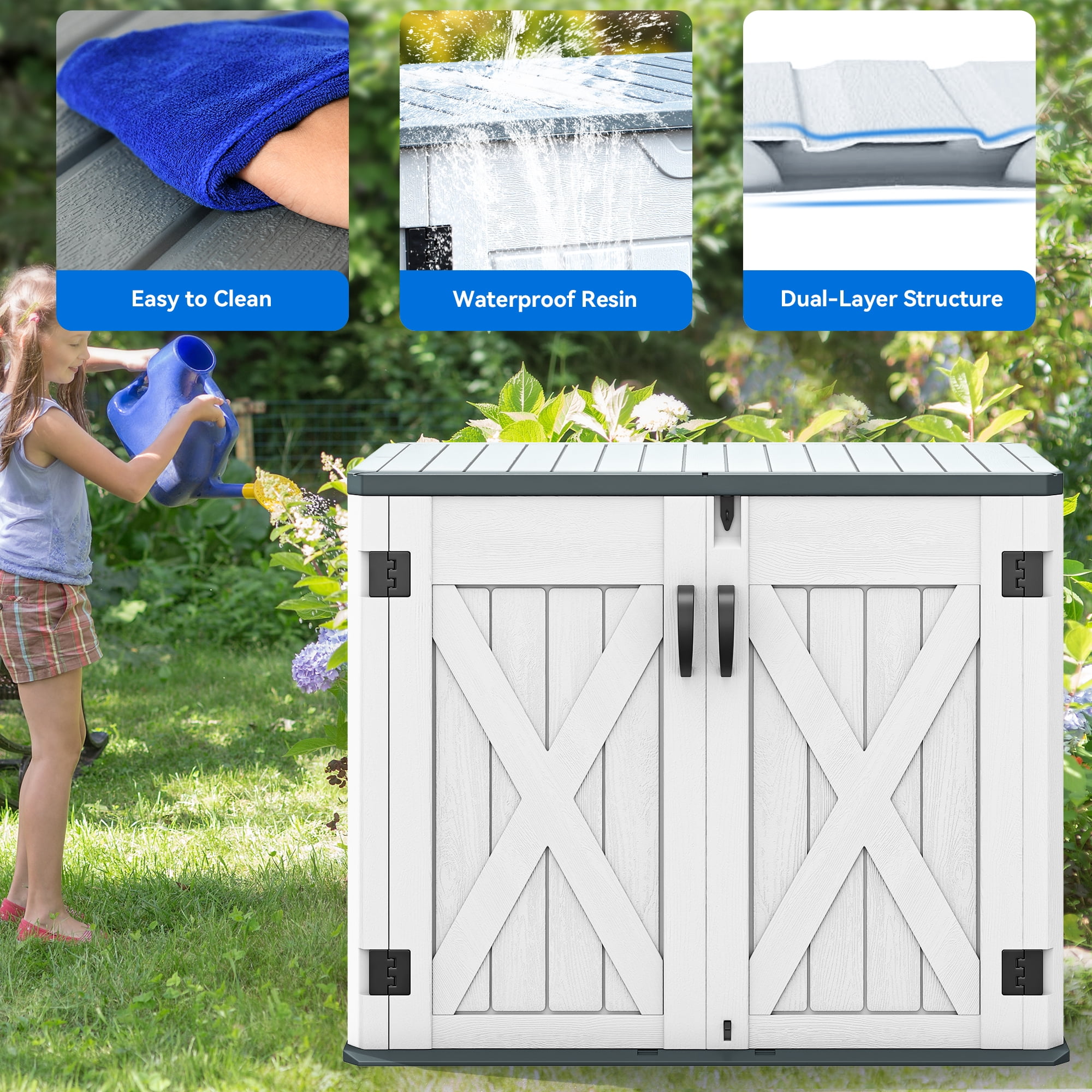 Outdoor Horizontal Storage Shed with X-Shaped Lockable Door, 35 Cu Ft Weather Resistant Resin Tool Shed