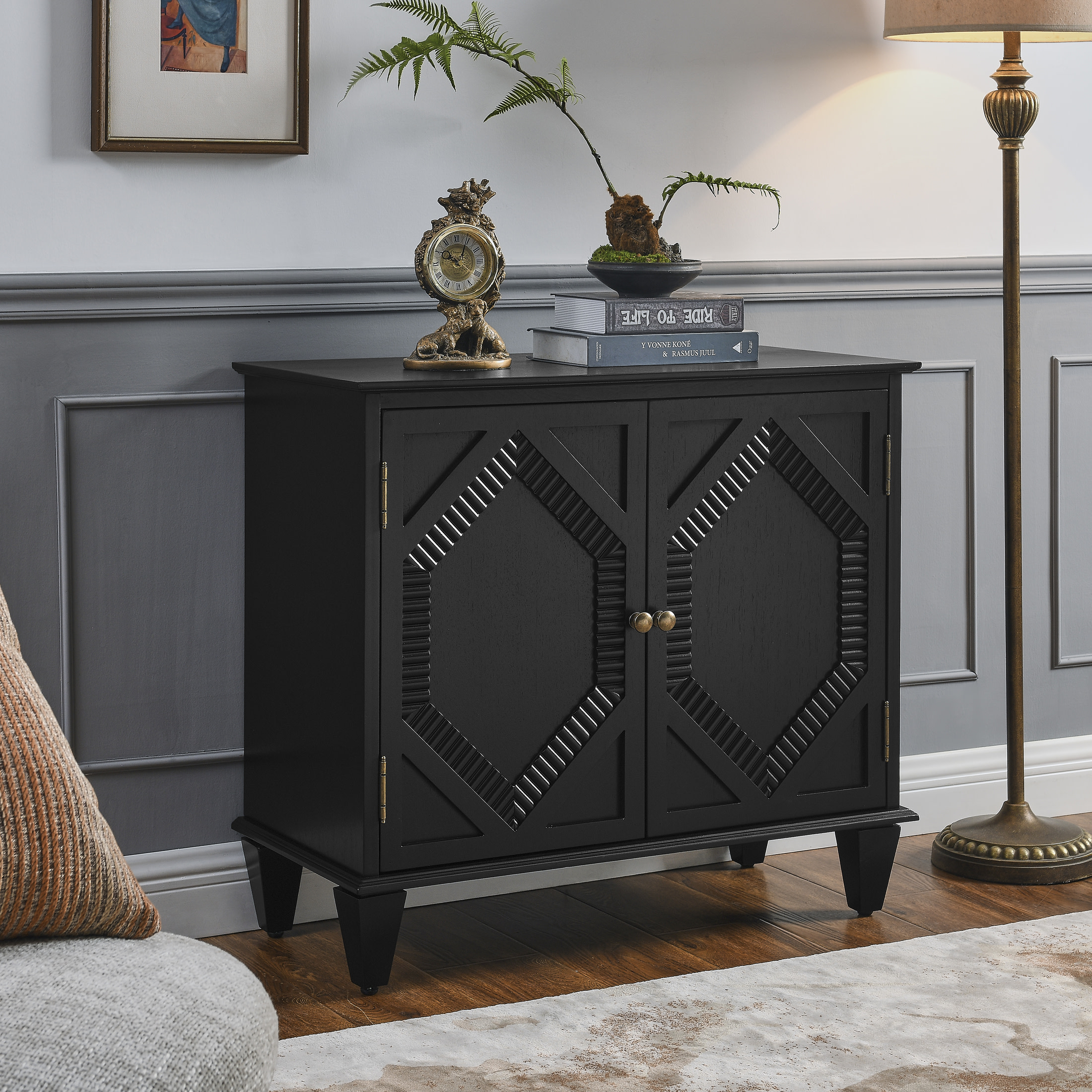 Noble House 33.6" Retro Wooden Sideboard Buffet Cabinet with Geometric Accent, Adjustable Shelf for Living Room, Black
