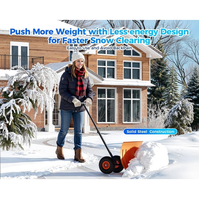 Pelle à Neige en Métal avec Roues – Lame Grand-Angle Robuste 29x20 Pouces – Poignée Ergonomique Réglable à 5 Niveaux – Pousse-Neige Roulant pour Entrée, Trottoir et Cour – Orange