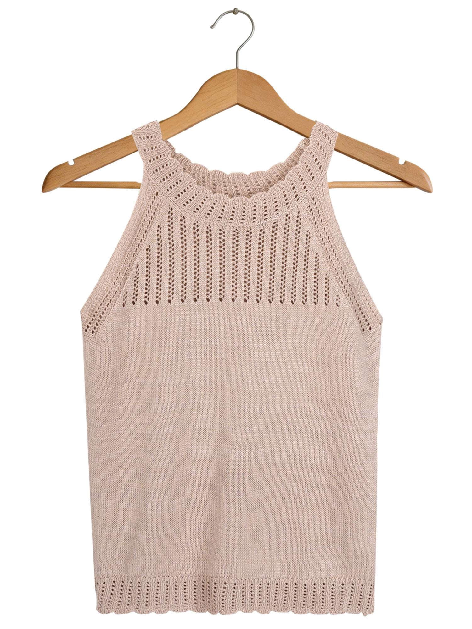 Deago Women's Summer Knit Halter Tank Tops Crochet Hollow Out Sleeveless Casual Racerback Cami Sweater Vest (Khaki, S)