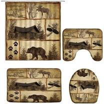 4PCS Rustic Cabin Shower Curtain Bear Moose Country Farmhouse Lodge Forest Hunting Wildlife Animal Vintage Wood Bathroom Decor Set with Non-Slip Floor Mat, Bath U-Shaped Rugs and Toilet Lid Cover