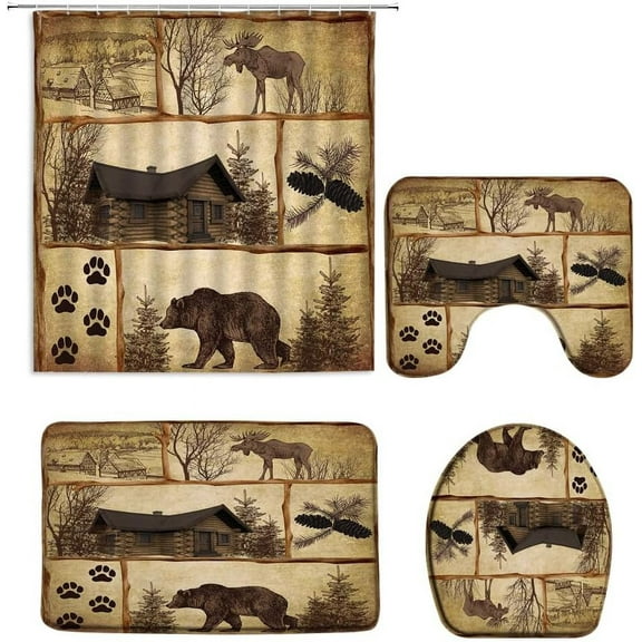 4PCS Rustic Cabin Shower Curtain Bear Moose Country Farmhouse Lodge Forest Hunting Wildlife Animal Vintage Wood Bathroom Decor Set with Non-Slip Floor Mat, Bath U-Shaped Rugs and Toilet Lid Cover