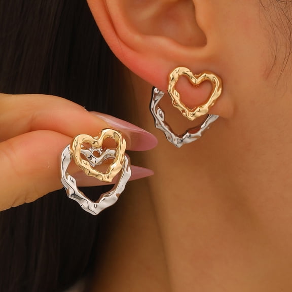 SmartBy 1 Pair Women Earrings Double-Layer Design Heart Irregular Shape Stud Earrings Scratch-Resistant Two-tone Earrings Jewelry Gift