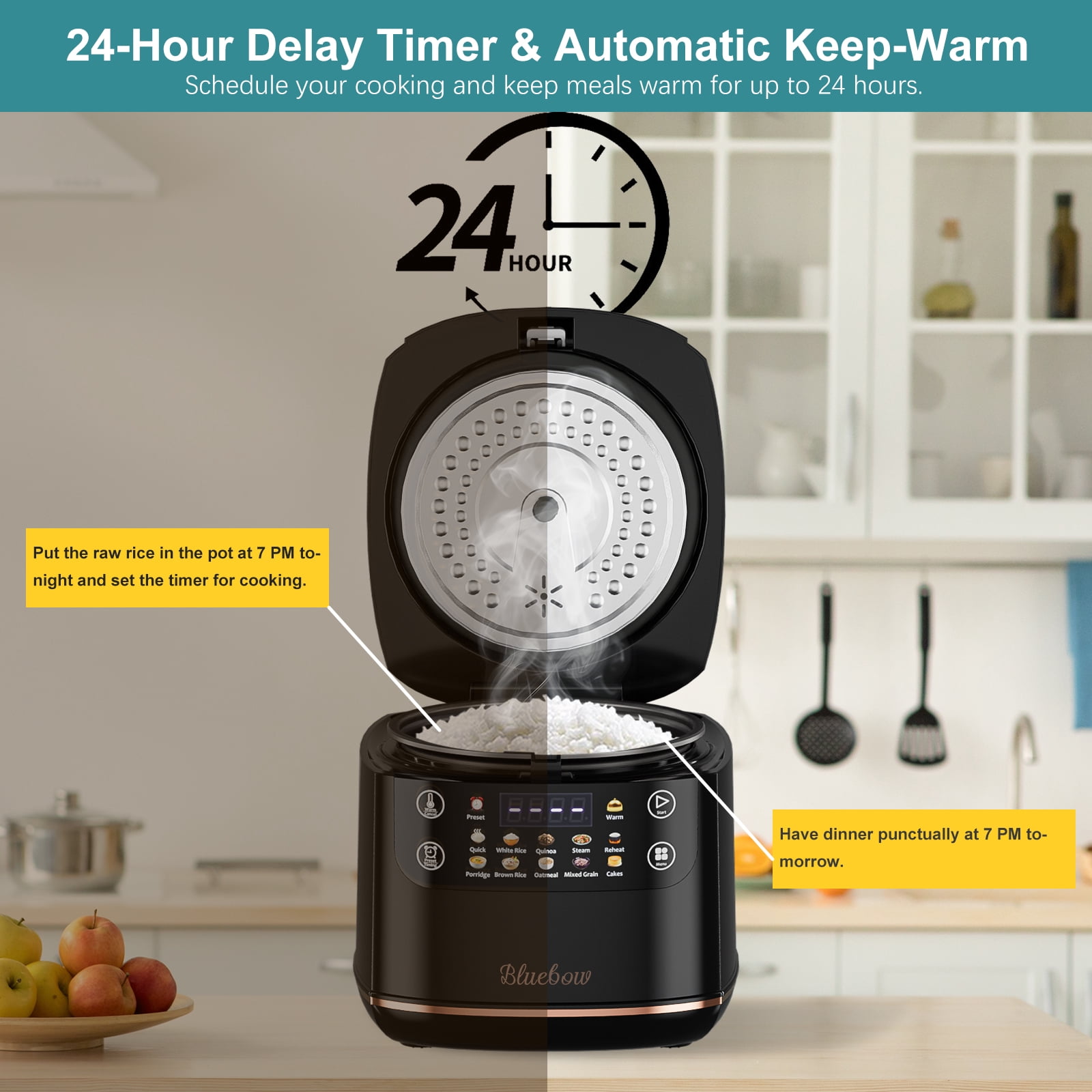 Bluebow Digital Rice Cooker, 6-Cup/2.1QT Small Rice Maker, 10 Presets, 24-Hour Delay Timer & Keep Warm, Non-Stick Inner Pot, Black