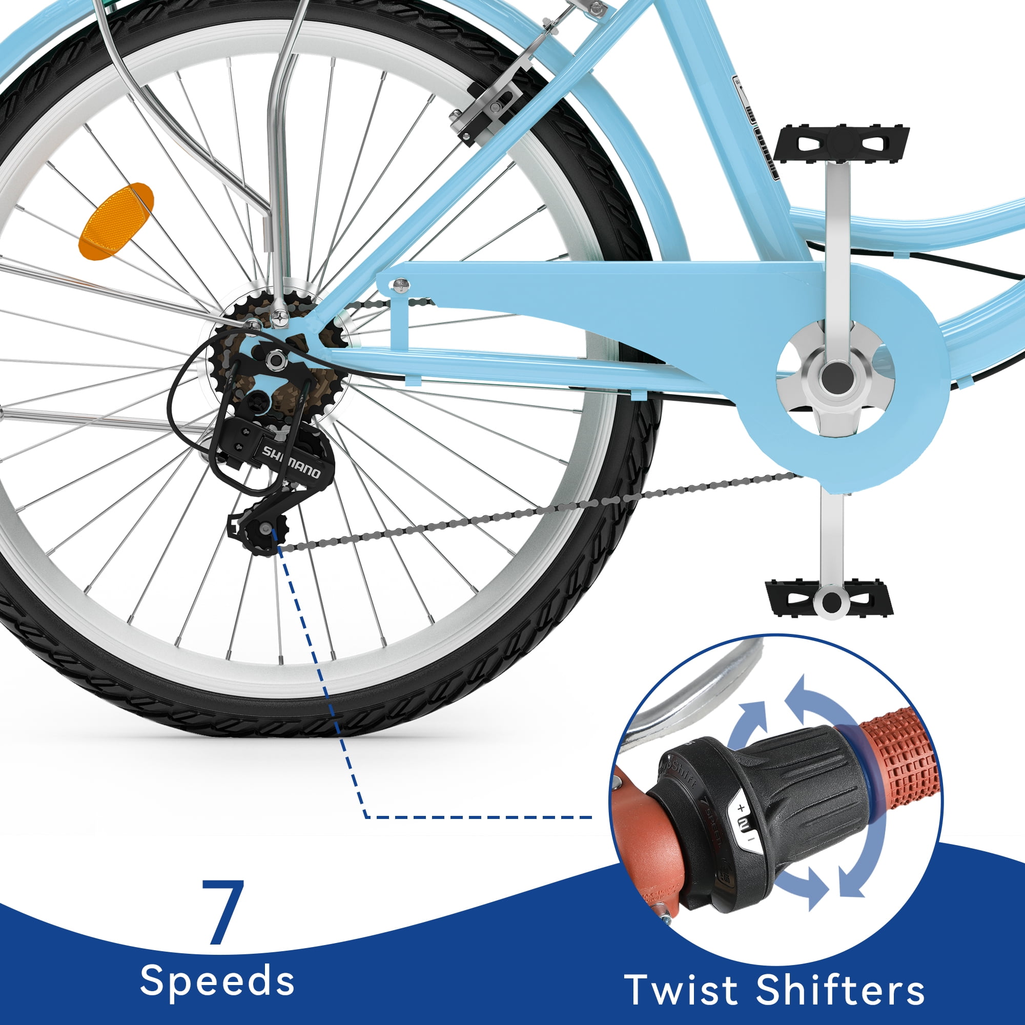 Uforic 26 inch 7 Speed Beach Cruiser Bike with Adjustable Seat for Women for Adults, Light Blue
