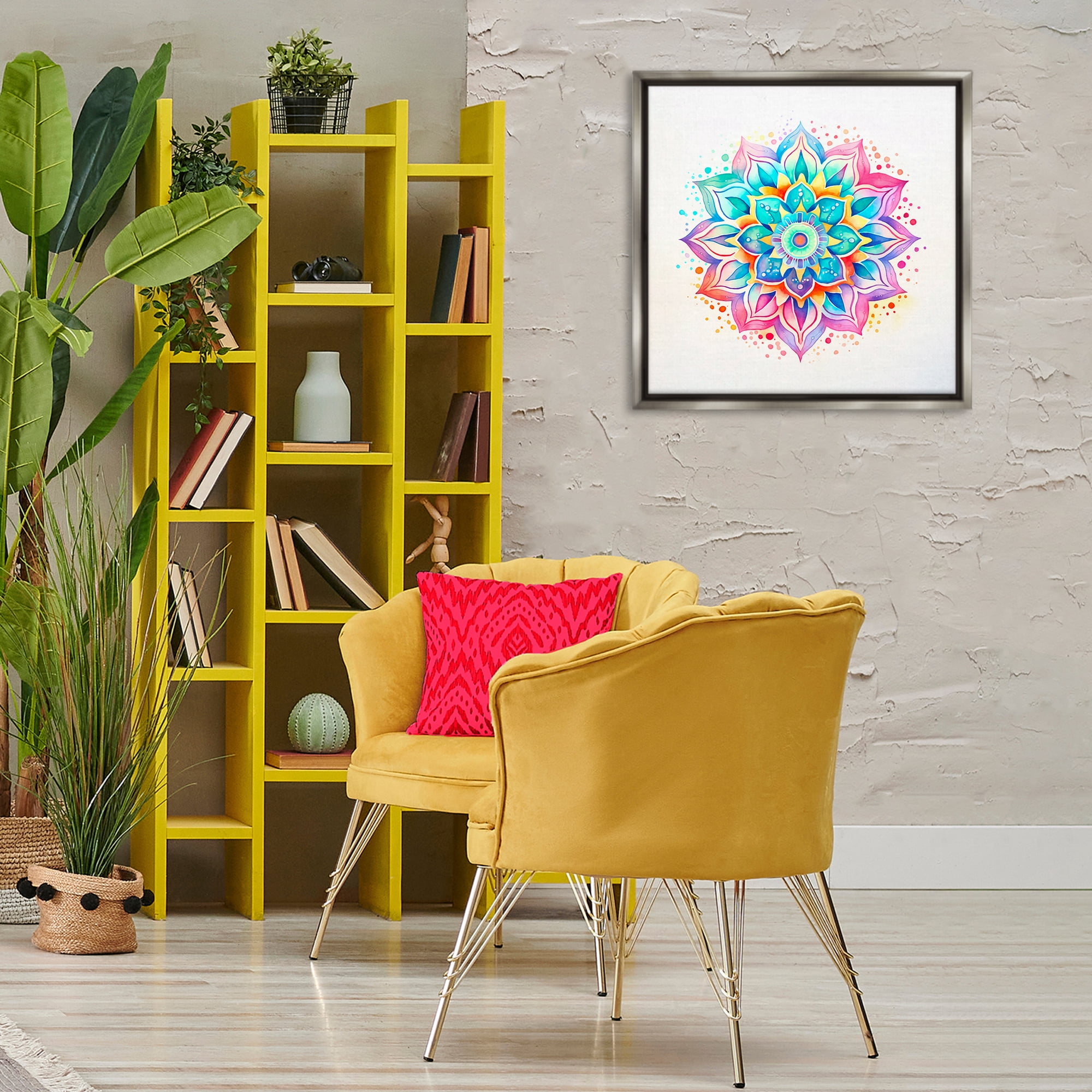 Stupell Industries Magic Rainbow Mandala Abstract Painting Gray Floater Framed Canvas Art Print Wall Art, 25 x 25
