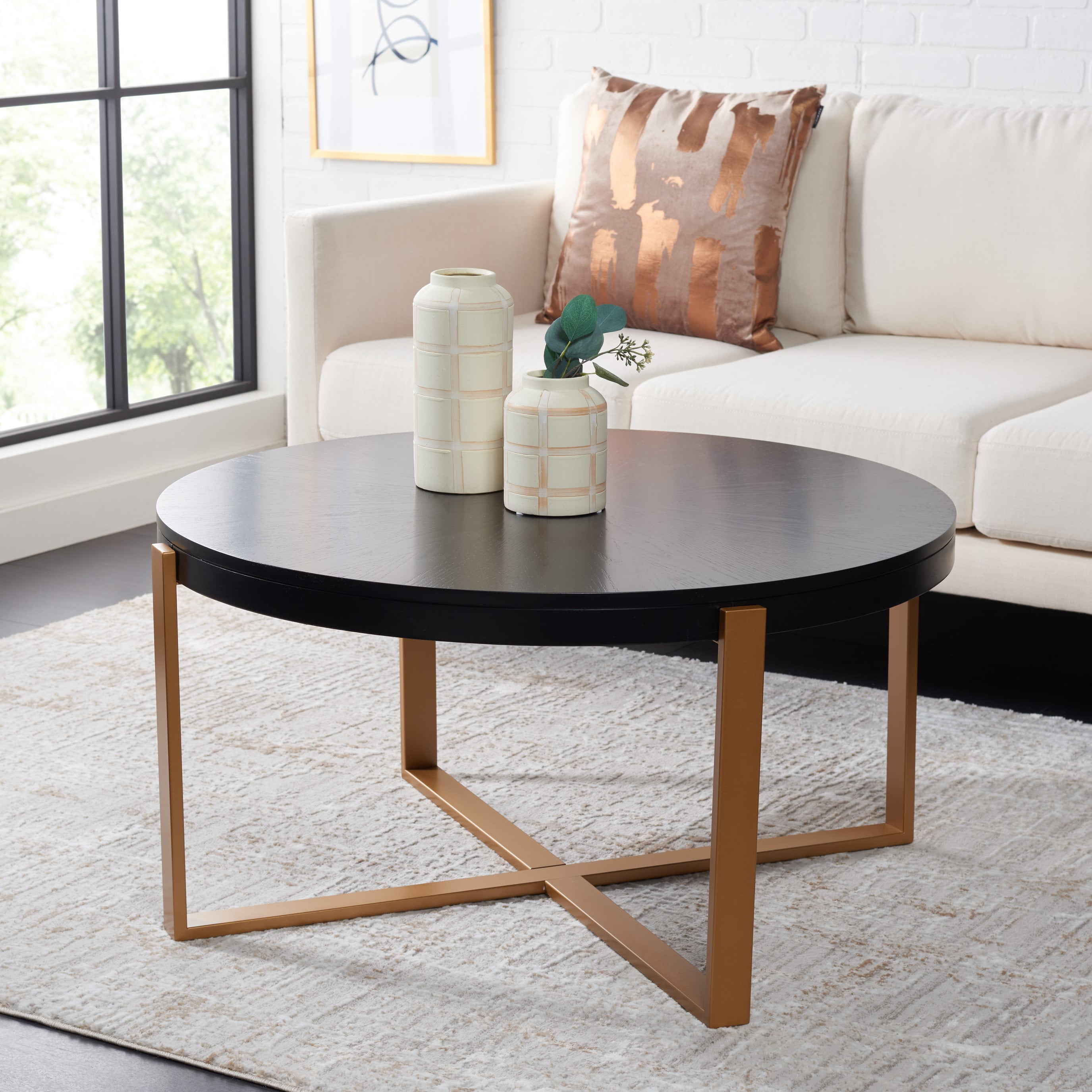 SAFAVIEH Navya Round Coffee Table, Black Top/Gold Legs