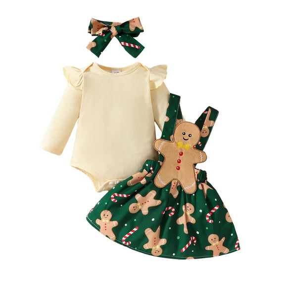 GYRATEDREAM Newborn Baby Girl Christmas Outfits Long Sleeve Ruffle Romper Suspender Skirt Dress Headband Cute Newborn Xmas Outfit