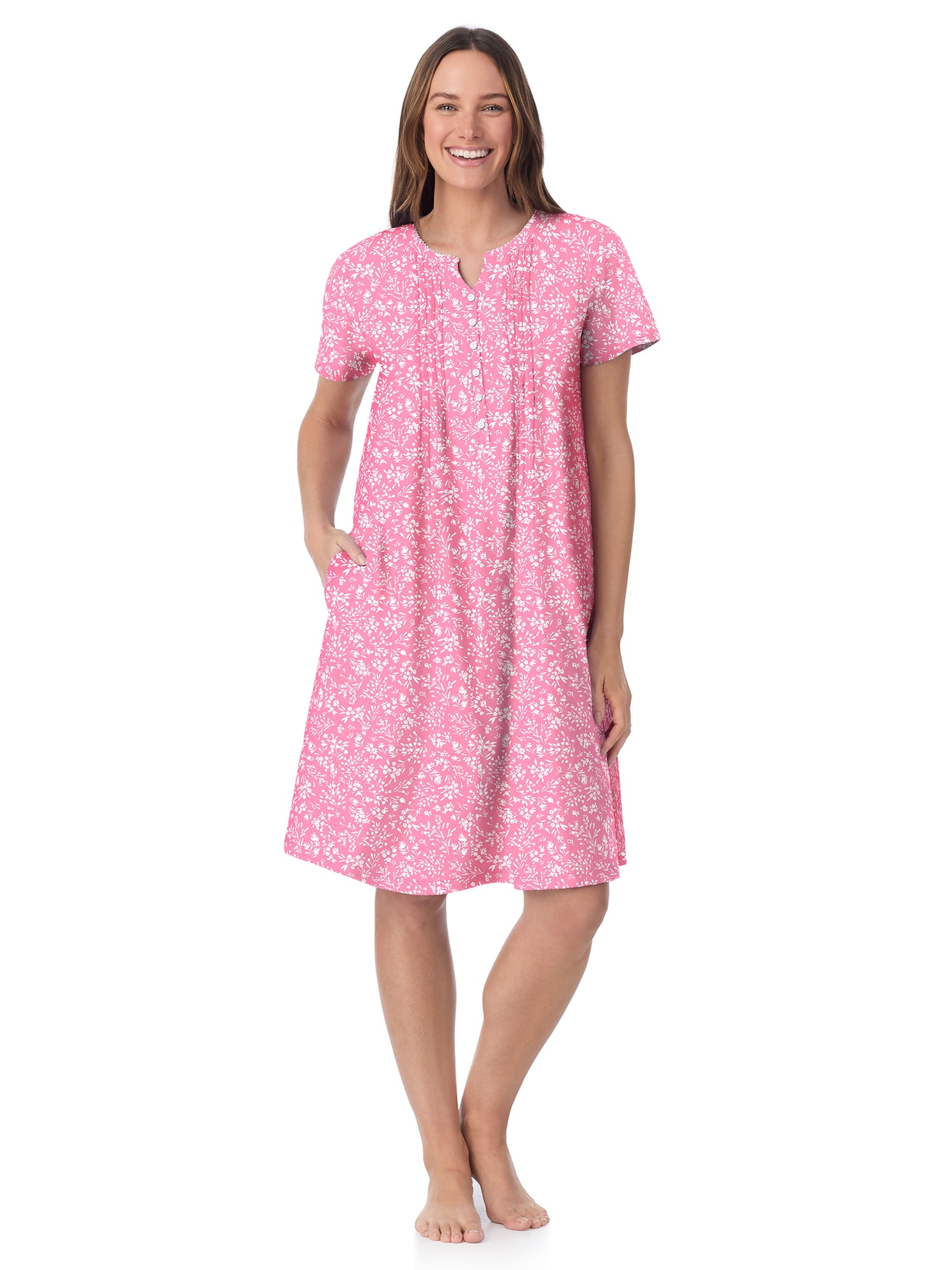 Aria Women’s Short Sleeve Split Neck Henley Nightgown 40”, Sizes XS to 5X