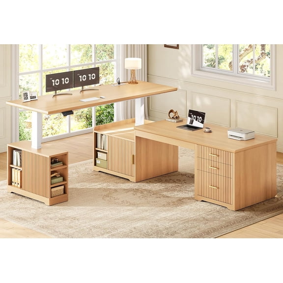 SEDETA 67" Fluted L Shaped Electric Standing Desk, Convertible Height Adjustable Sit Stand Desk with File Drawers, Storage Cabinet, Monitor Shelf & Charging Port, Oak