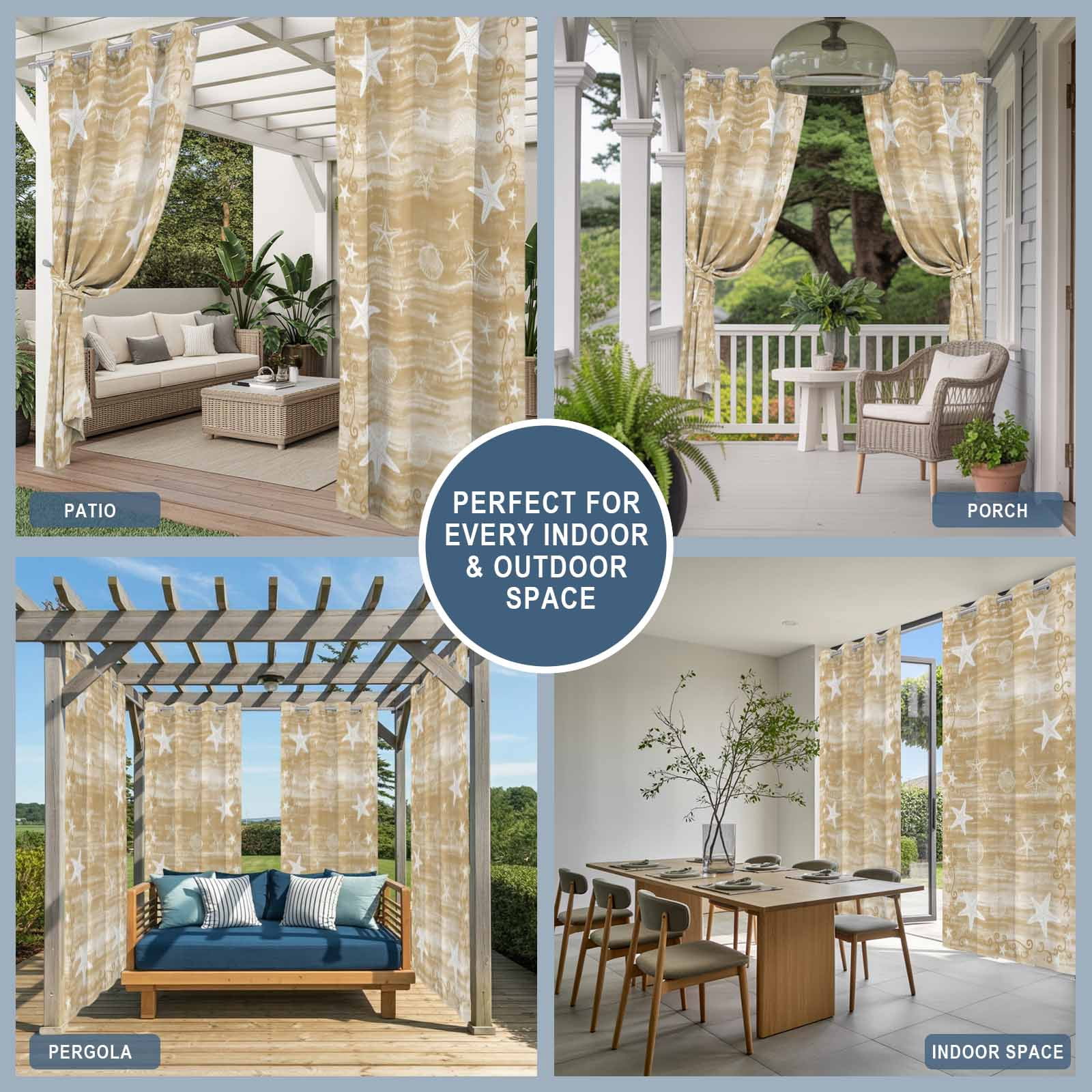 Light Brown Coastal Outdoor Curtains for Patio, Starfish Shell Summer Beach Ocean Rustic Sunshade Privacy Drapes Grommet Waterproof Outside Curtains for Porch/Cabana/Balcony 54"x 108", 1 Panel