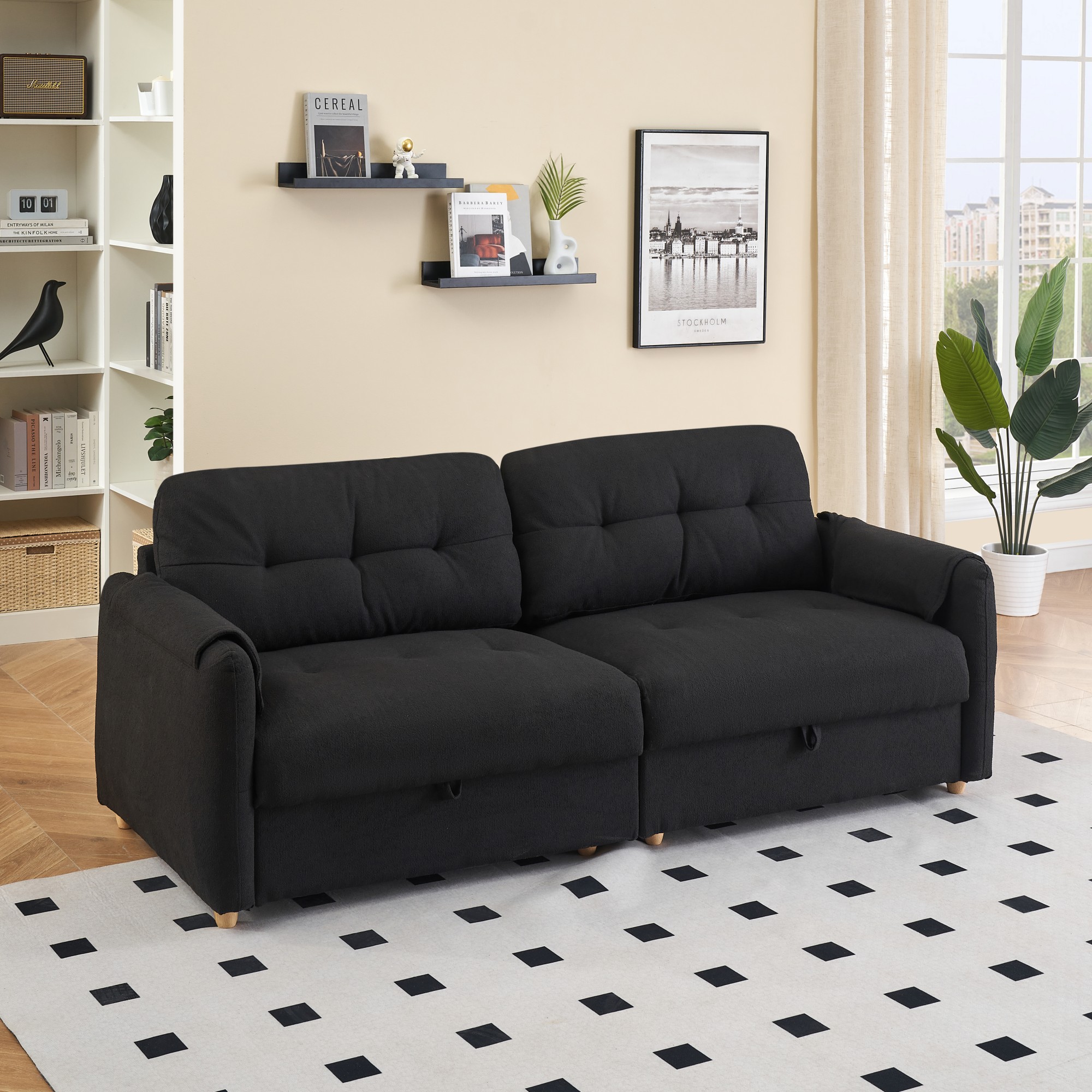 79" Multi-functional Storage Loveseat Sofa Couch,Teddy Upholstered 3 Seat Sofa for Living Room,Bedroom,Office,Black