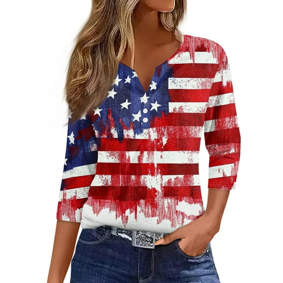 ADSSDQ 3/4 Length Sleeve Womens Tops 4th of July Button Down Shirts for Women Summer Top 2025 Patriotic American Flag Stars Stripes Graphic Tees Deep Red 3XL