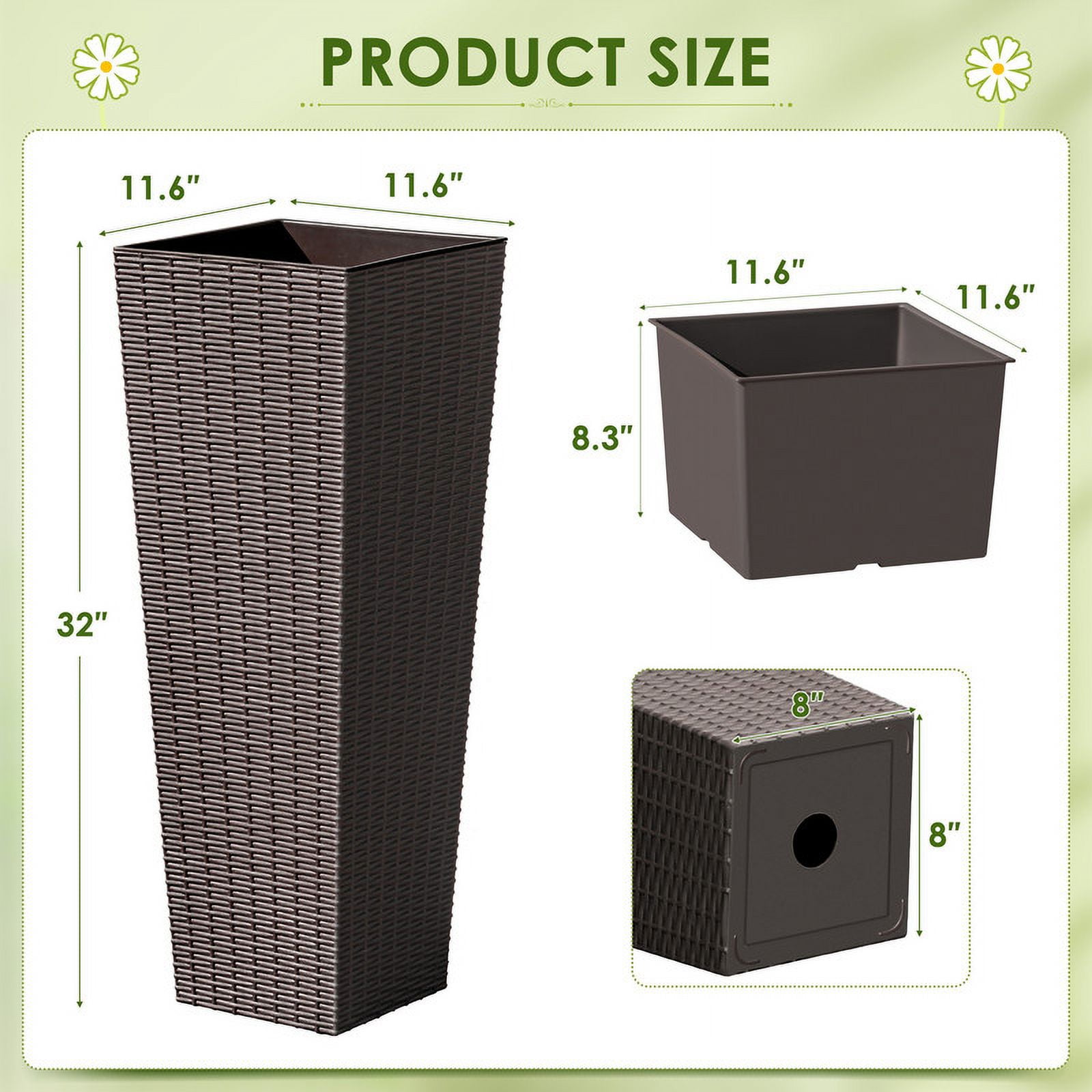 Homall 2-Pack 32" Tall Outdoor Plastic Planters with Inside Pots, Rattan - Patterned for Patio Decor