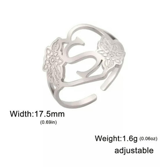 EOEMY Stainless Steel Initials Flower Rings Adjustable Alphabet Rings Fashion Jewelry