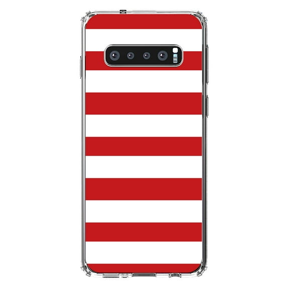 DistinctInk Clear Shockproof Hybrid Case for Samsung Galaxy S10 (6.1" Screen) - TPU Bumper, Acrylic Back, Tempered Glass Screen Protector - Red & White Bold Horizontal Stripes