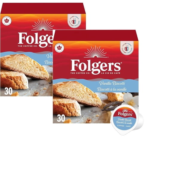 Folgers Vanilla Biscotti Flavoured Light Roast Coffee Pods, 60 count ( 2 PACK )
