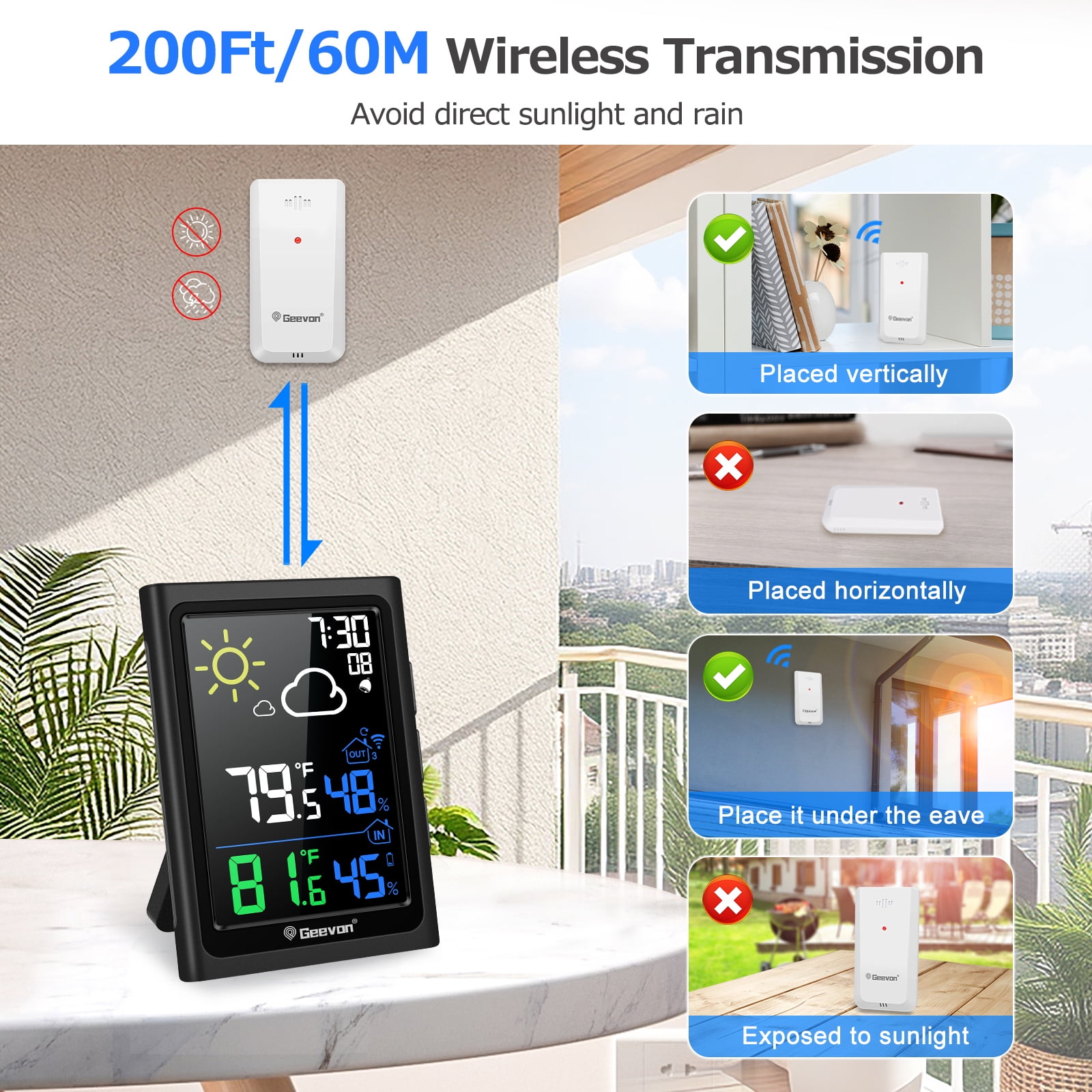 Geevon Indoor Outdoor Thermometer Digital Wireless with Color Display, Digital Hygrometer Temperature Humidity Monitor with Alarm Clock and Backlight