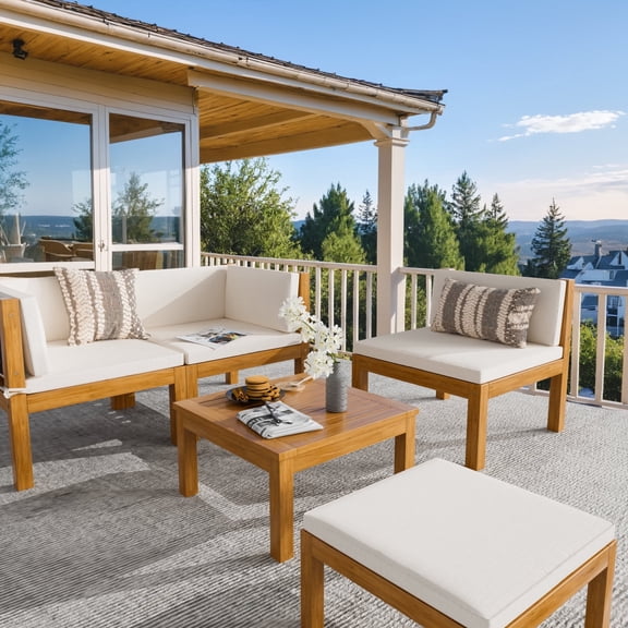 Homall 5 Pieces Acacia Patio Conversation Set Wood Sectional Set Outdoor Furniture Set with Cushions, White