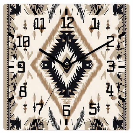 Boho Black Brown Wooden Wall Clock Silent Non Ticking Retro Geometric Southwestern Ethnic Square Wall Clocks Battery Operated Decor Clock for Home Office Living Room Kitchen 10 Inch
