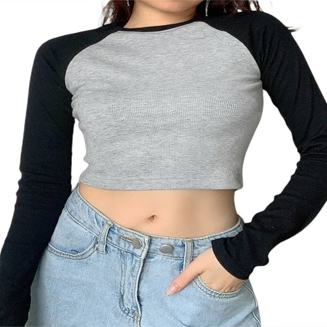 Femmes Crop Top Manches Longues Slim Fit Casual Pull Tops